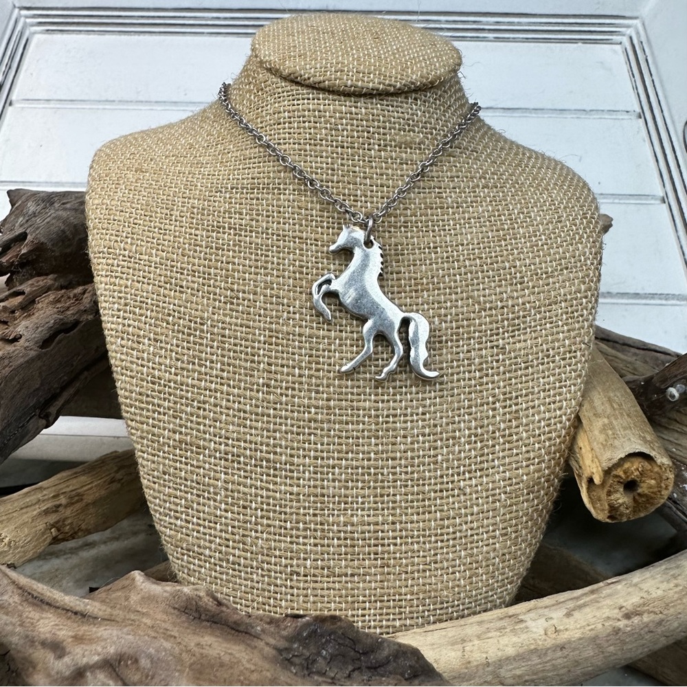 Arabian Rearing Horse Western Necklace Silver Tone With A Lobster Claw Clasp